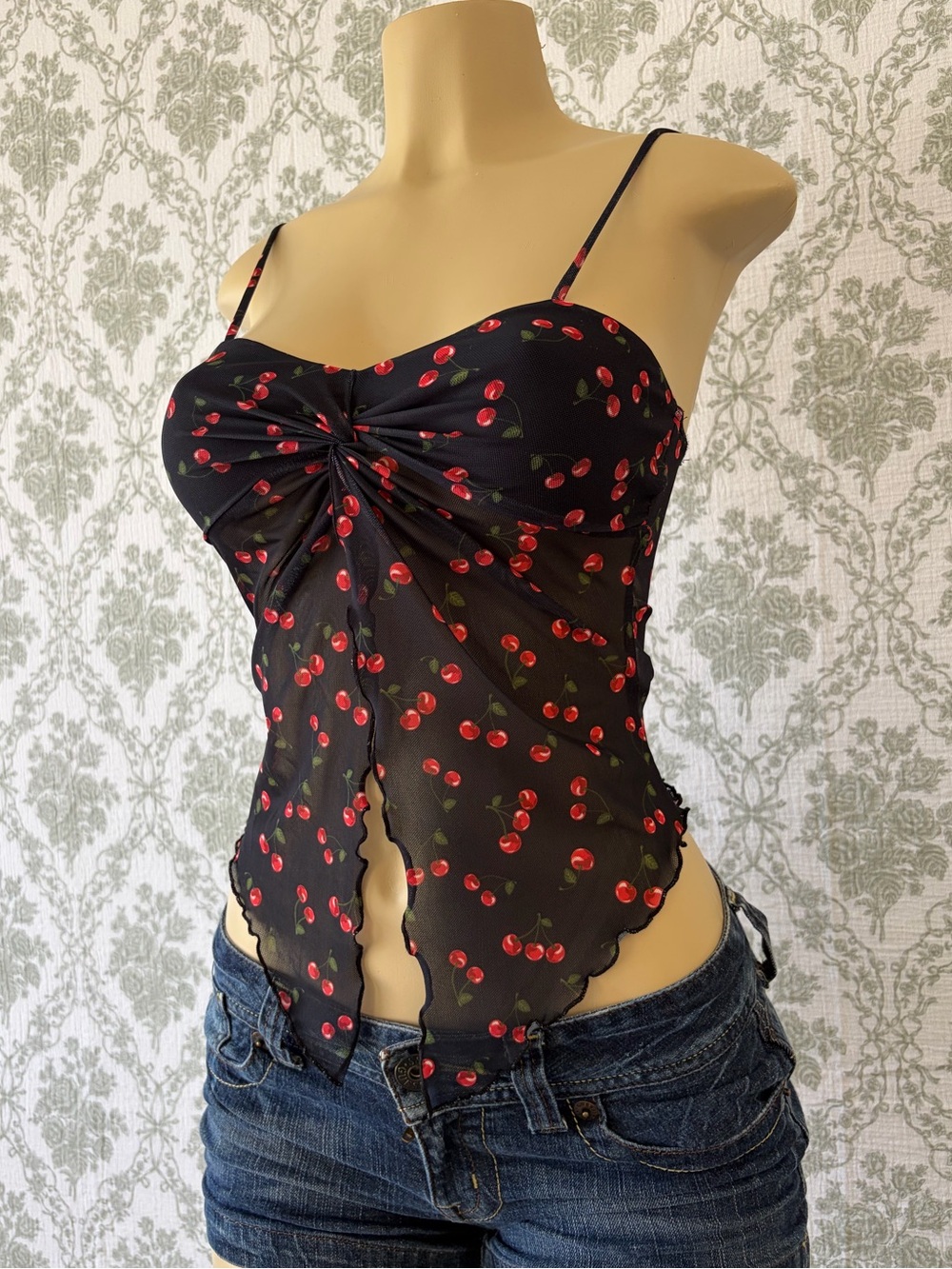 Vintage Black Sheer Cherry Sheer Cami Top